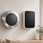 Ecobee and Nest smart thermostats side by side on a modern living-room wall