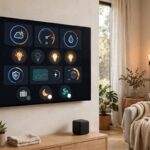 Echo Hub smart home control display wall-mounted in a modern living room showing dashboard widgets