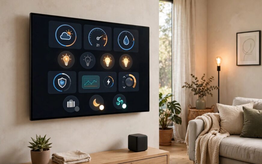 Echo Hub smart home control display wall-mounted in a modern living room showing dashboard widgets