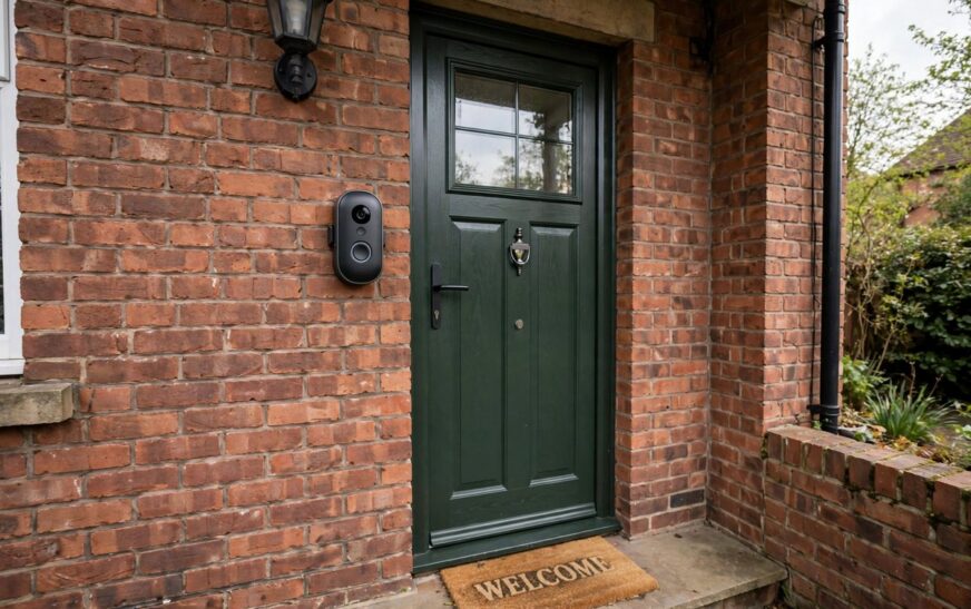 Retrofit smart lock fitted on a flat front door in a UK apartment hallway