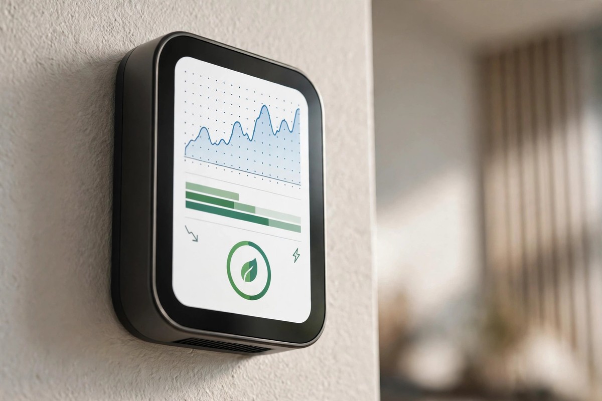 Close-up of a smart thermostat display showing an energy usage graph