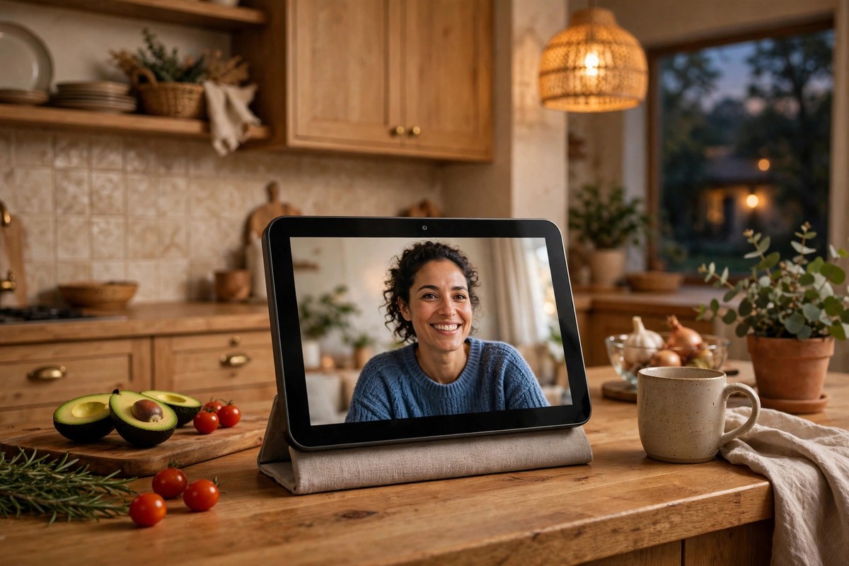 Echo Show 8 smart display showing a video call on a kitchen counter in a warm home interior