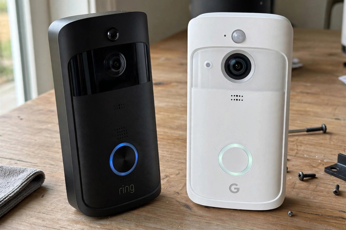Two video doorbells side by side on a table