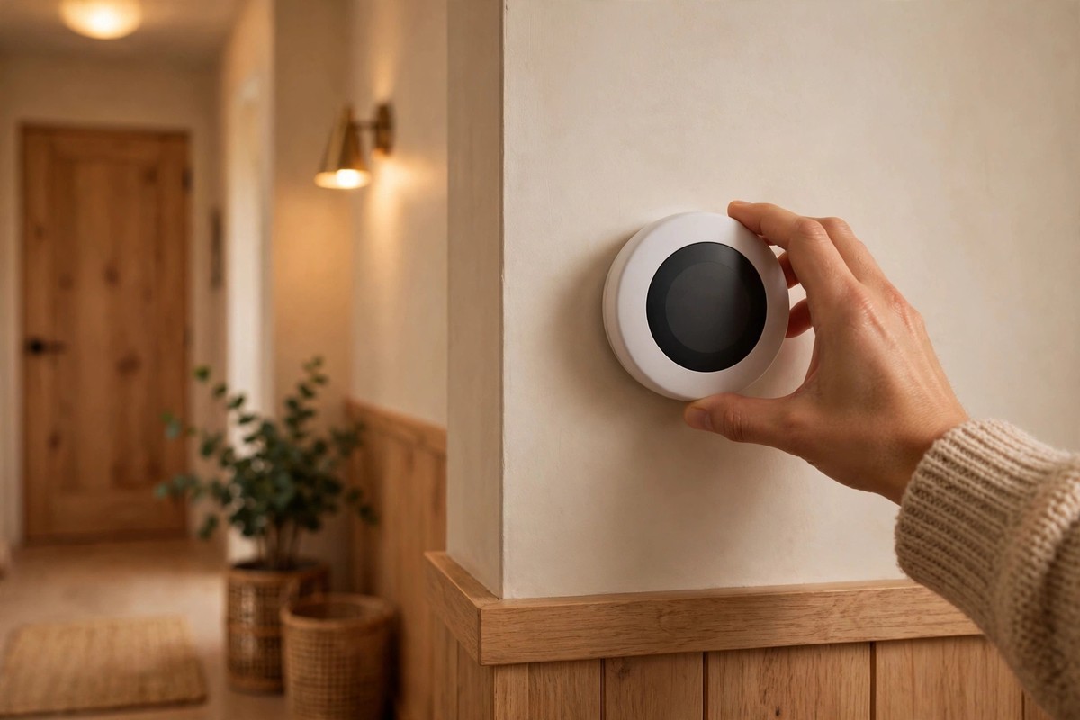 Hand adjusting a round smart thermostat dial in a home hallway