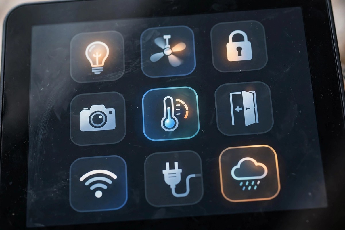 Close-up of an 8-inch smart display touchscreen showing smart home device controls