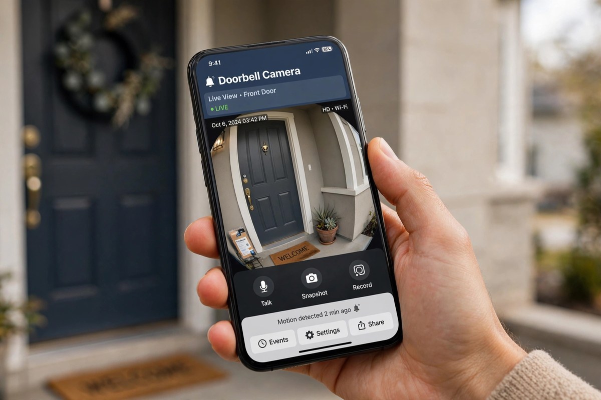 Hand holding smartphone showing doorbell camera live view at front door