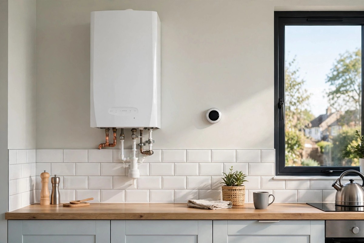 UK combi boiler on a kitchen wall with a smart thermostat nearby