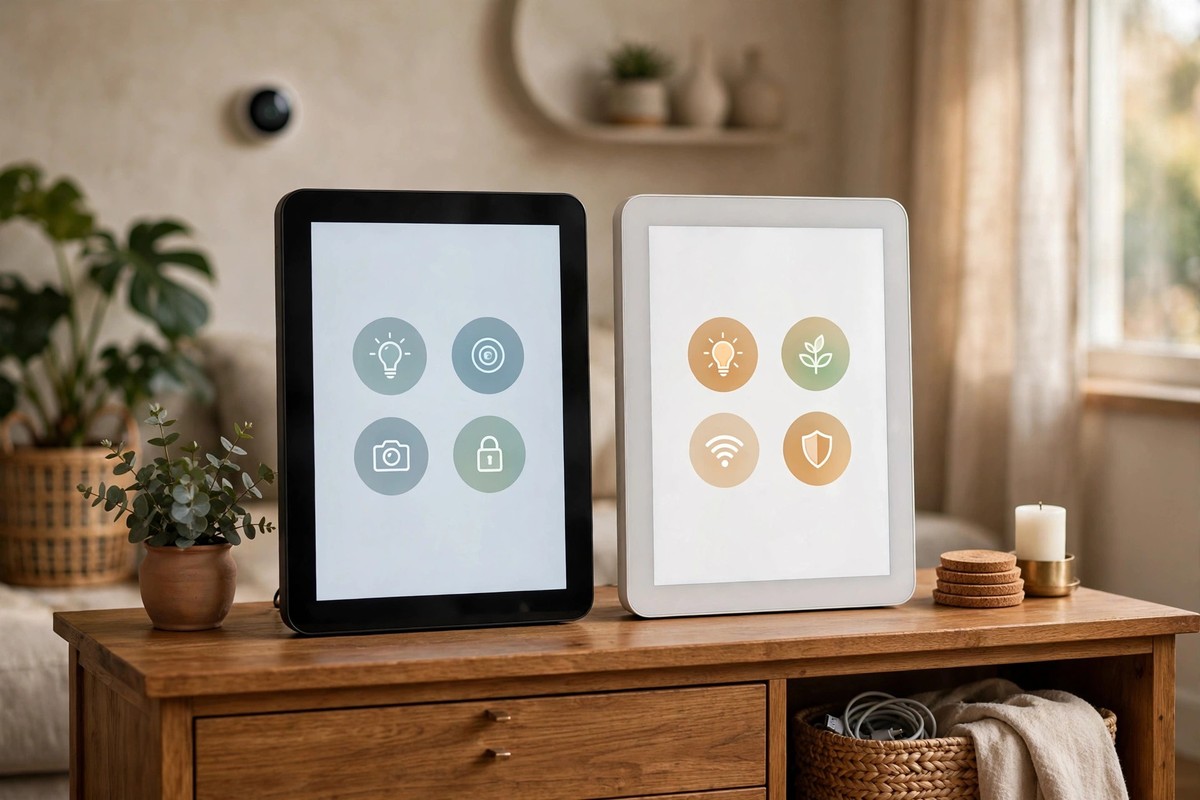 Two smart displays side by side on a wooden console table in a smart home