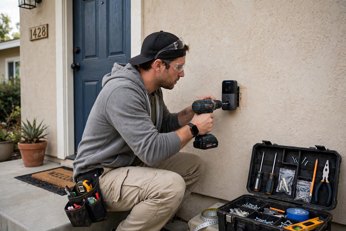 Person mounting a video doorbell beside a front door
