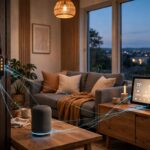 Smart home living room with connected devices showing how Matter and Thread work together