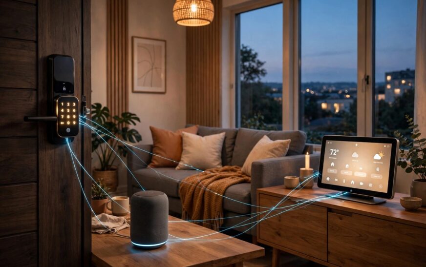 Smart home living room with connected devices showing how Matter and Thread work together