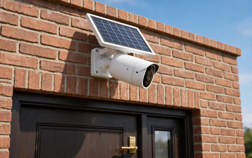 Eufy vs Ring security camera system compared: outdoor security camera with solar panel on a house wall