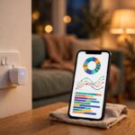 best smart plugs with energy monitoring UK: white smart plug beside a smartphone showing an energy usage dashboard in a modern living room