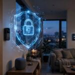 can smart home devices be hacked: smart home devices in a modern living room with a glowing blue padlock shield symbolising digital security