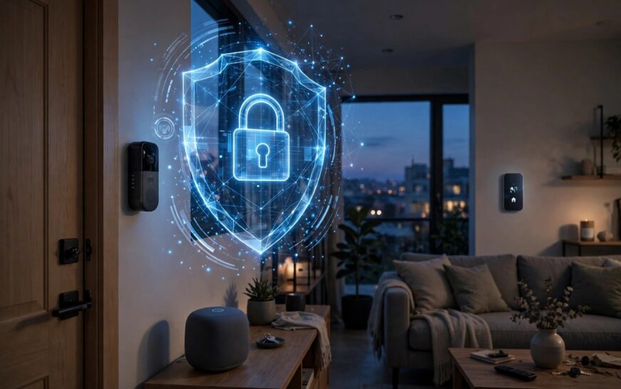 can smart home devices be hacked: smart home devices in a modern living room with a glowing blue padlock shield symbolising digital security