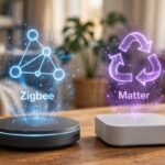 Aqara vs SwitchBot smart home: two smart home hubs side by side on a wooden table with Zigbee and Matter symbols glowing above them