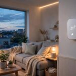 Smart home gadgets that lower energy bills in a cosy living room with a smart thermostat and warm LED lighting