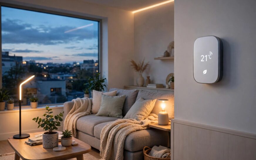 Smart home gadgets that lower energy bills in a cosy living room with a smart thermostat and warm LED lighting