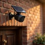 Outdoor wireless security camera with solar panel mounted on a brick house wall at golden hour