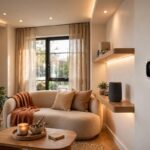 Living room with smart lighting, thermostat and speaker showing how much does a smart home cost in 2026