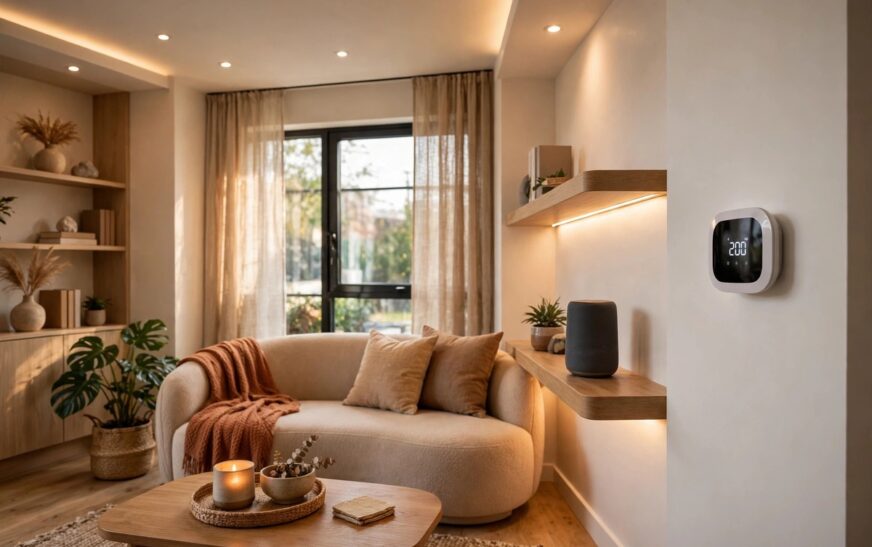 Living room with smart lighting, thermostat and speaker showing how much does a smart home cost in 2026