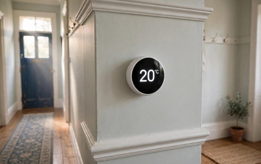 A contender for best smart thermostat UK 2026: modern smart thermostat displaying 20 degrees on a UK hallway wall