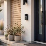 Video doorbell mounted beside the front door of a modern home at daylight