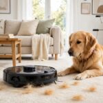 One of the best robot vacuum for pet hair 2026 picks collecting pet hair from a carpet next to a golden retriever