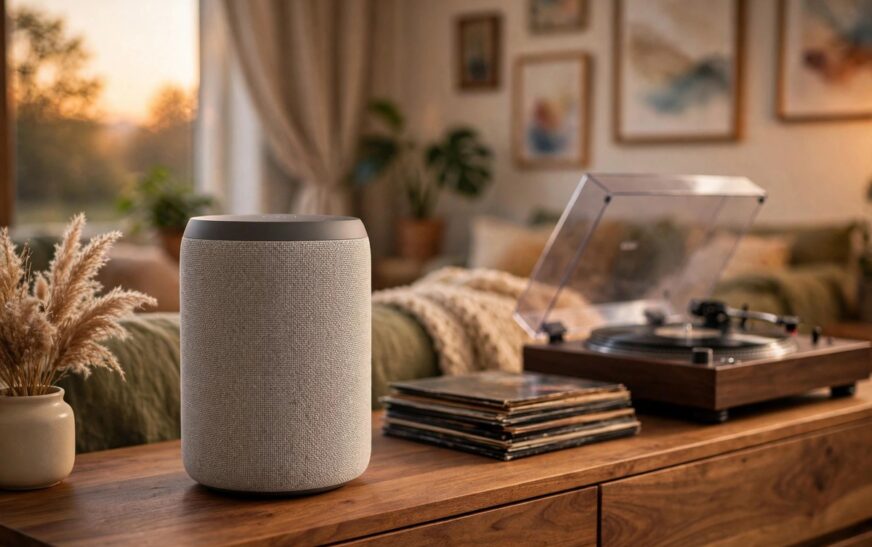 A contender for best smart speaker for music 2026: premium smart speaker on a sideboard in a stylish living room