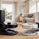 Roborock vs Dreame robot vacuum 2026 head to head: two premium robot vacuums with self-cleaning docks in a modern living room