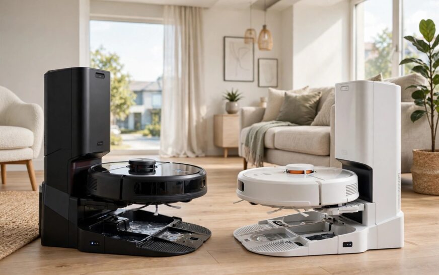 Roborock vs Dreame robot vacuum 2026 head to head: two premium robot vacuums with self-cleaning docks in a modern living room