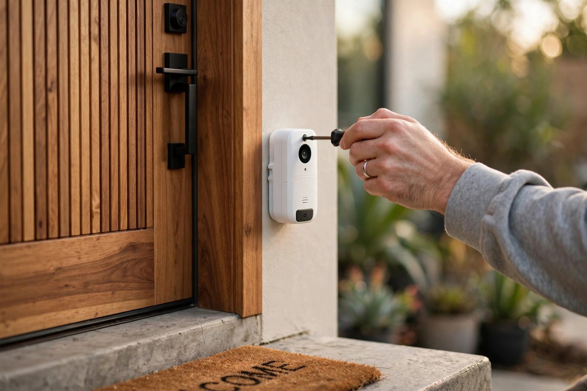 Homeowner installing a video doorbell beside a modern front door