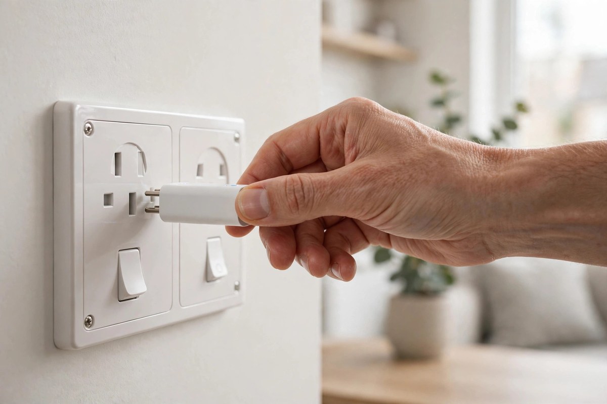 Hand inserting a slim smart plug into a UK 3-pin double wall socket