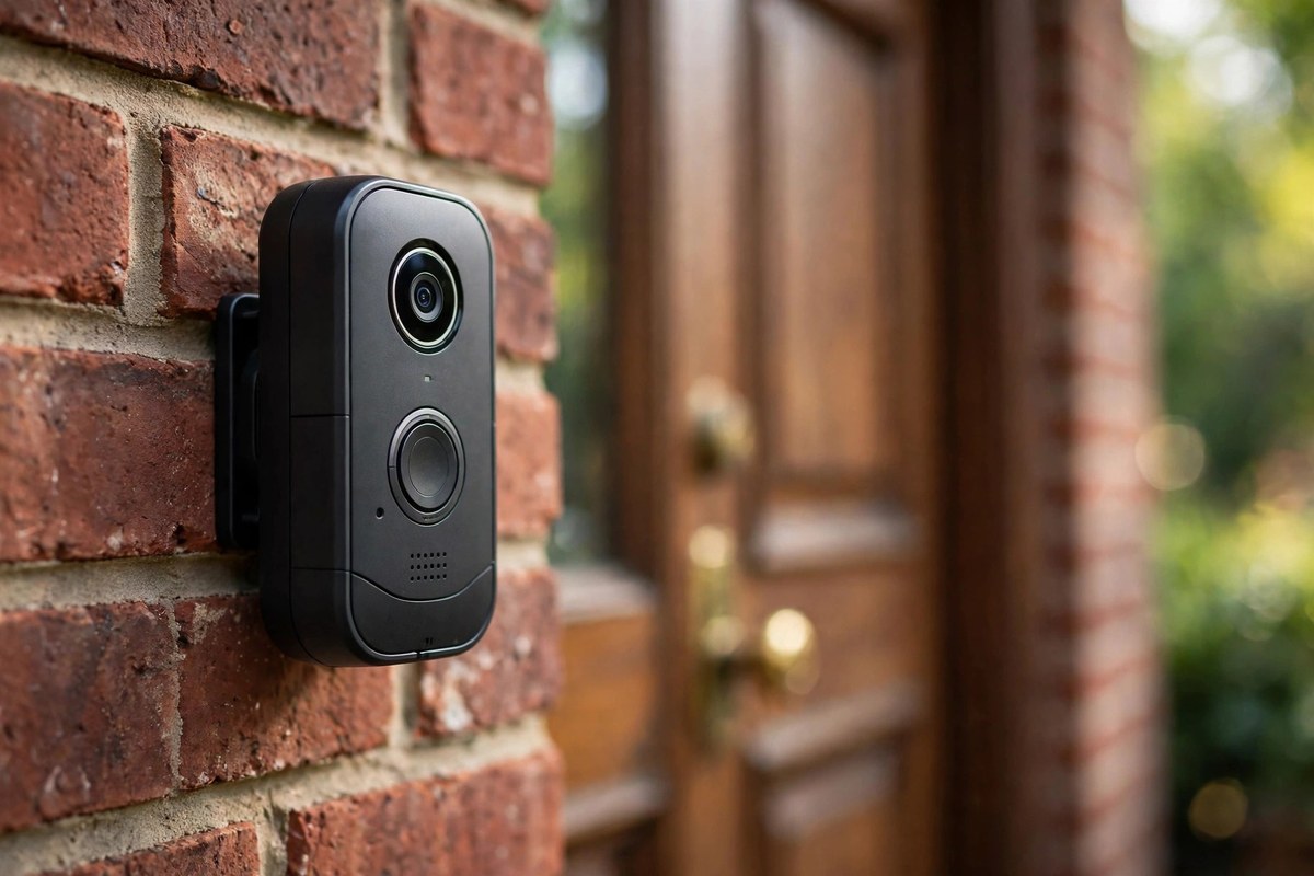Smart video doorbell camera mounted on a brick wall
