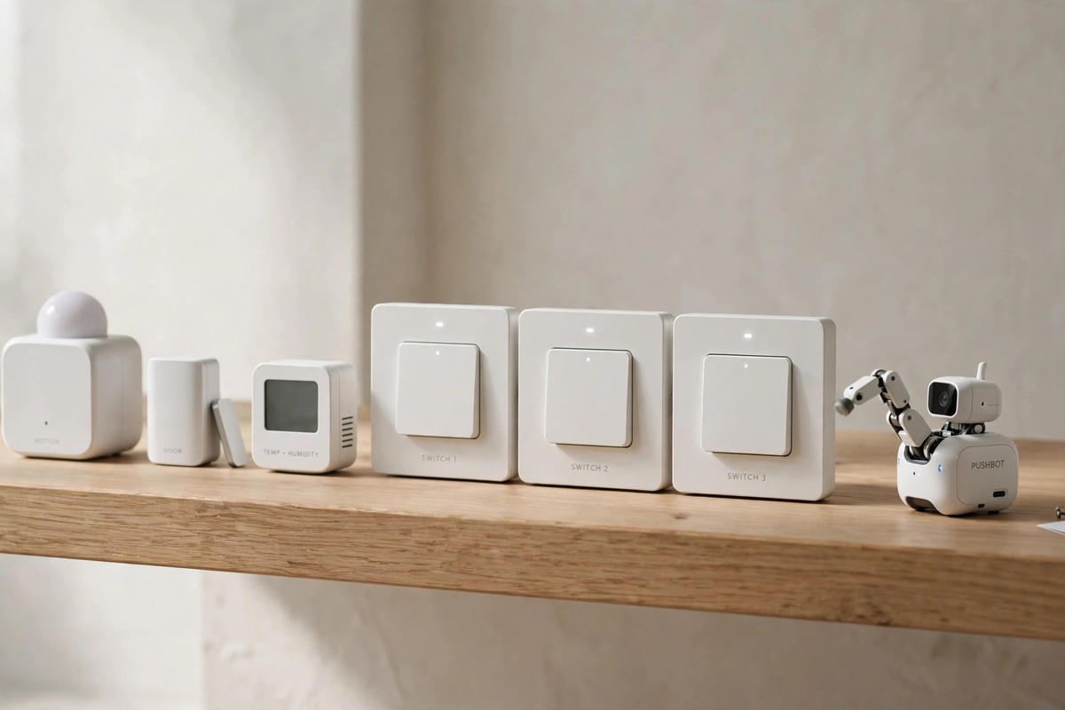 Aqara and SwitchBot smart home devices side by side