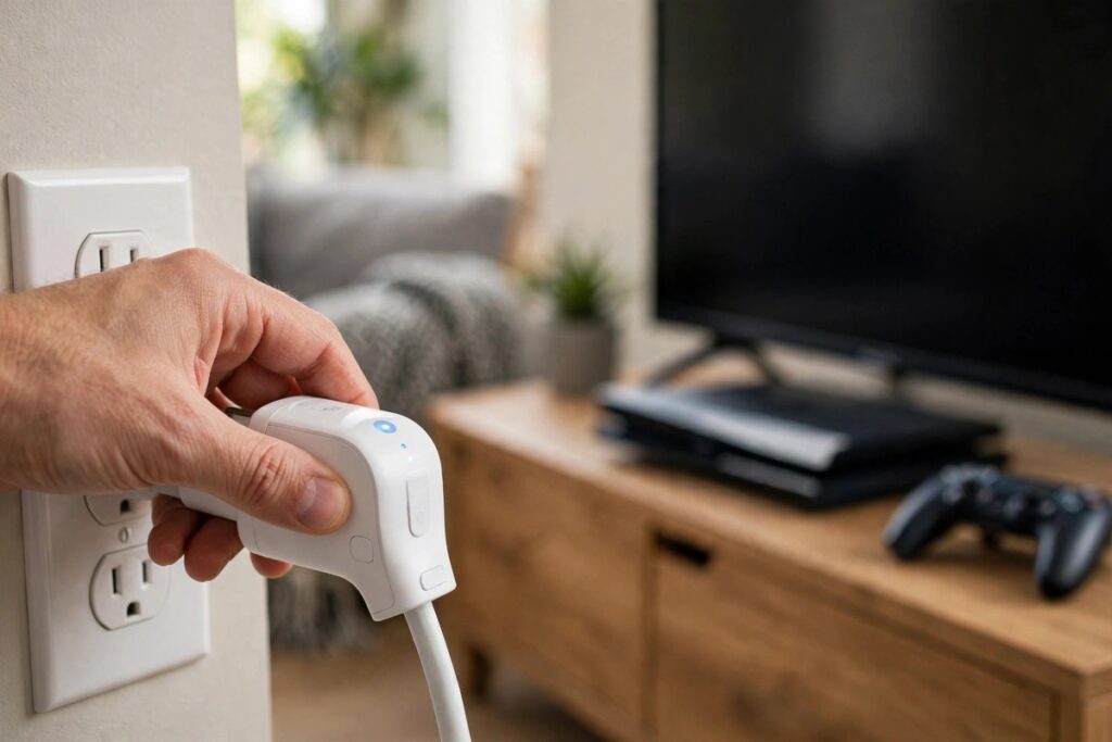 Smart plug with energy monitoring plugged into a wall socket beside a TV and games console