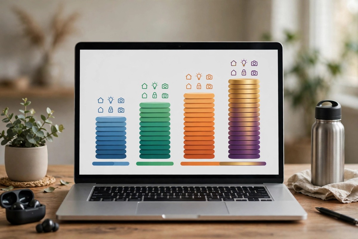 Comparison table of smart home setup tiers from starter to luxury custom on a laptop screen