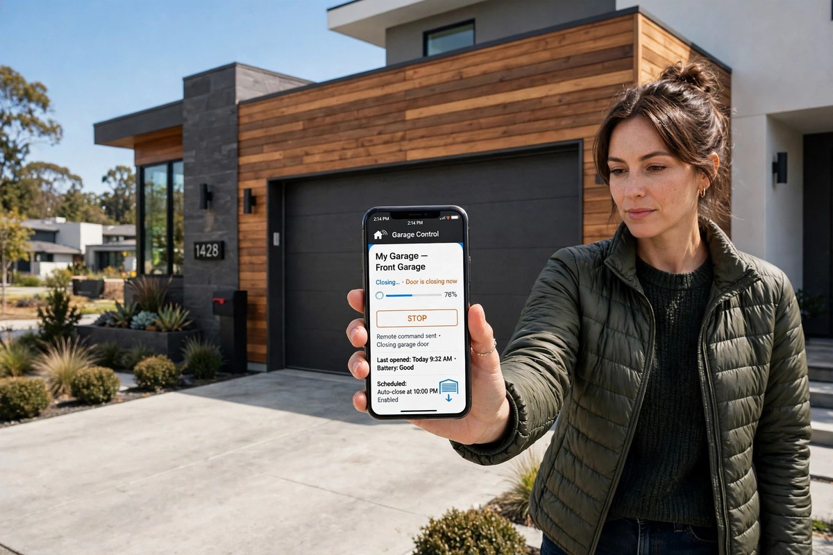 Homeowner using a phone app to control a smart garage door from outside the house