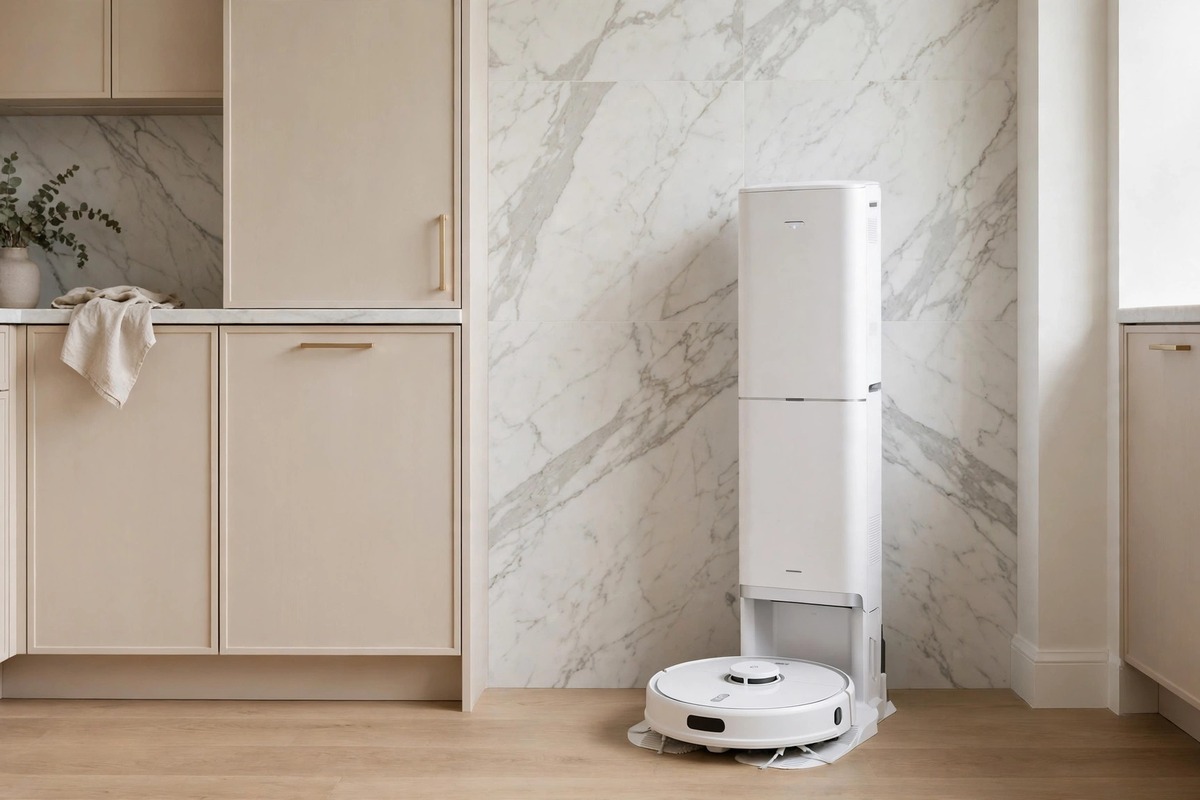 One of the best robot vacuum and mop combo self emptying setups: white dock station in a modern kitchen with marble backsplash