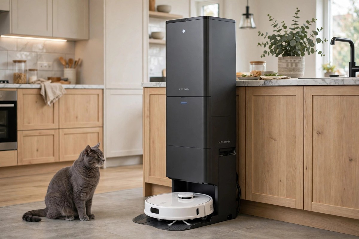 White robot vacuum docked at a tall all-in-one self-emptying station in a modern kitchen with a cat watching
