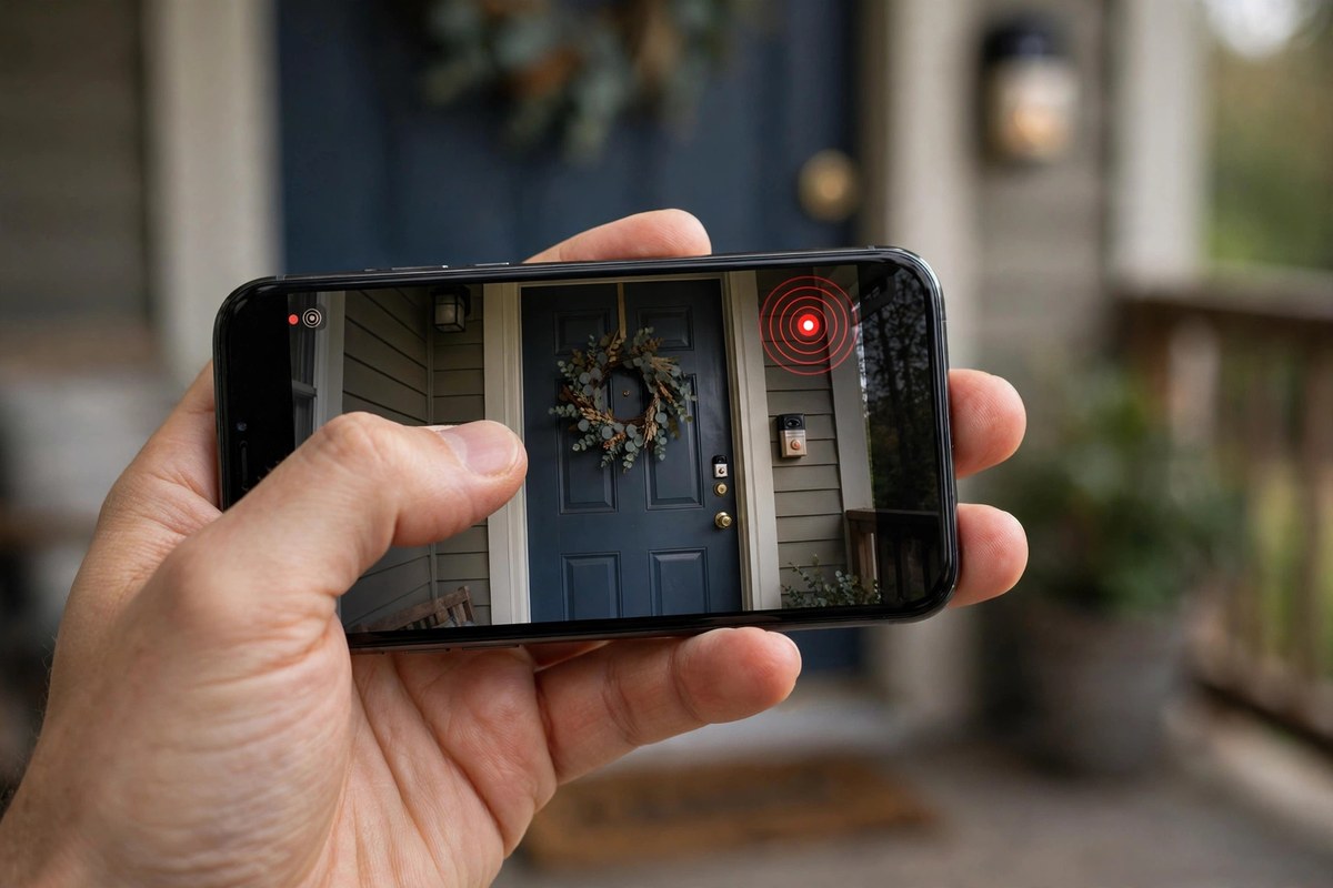 Hand holding a phone showing a live Ring doorbell camera view with a motion alert indicator