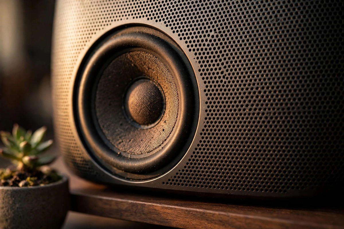 Close-up of a premium smart speaker driver and fabric grille in warm side lighting