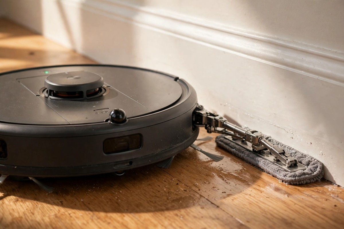 Robot vacuum with an extendable mop arm cleaning along a skirting board on a hard floor