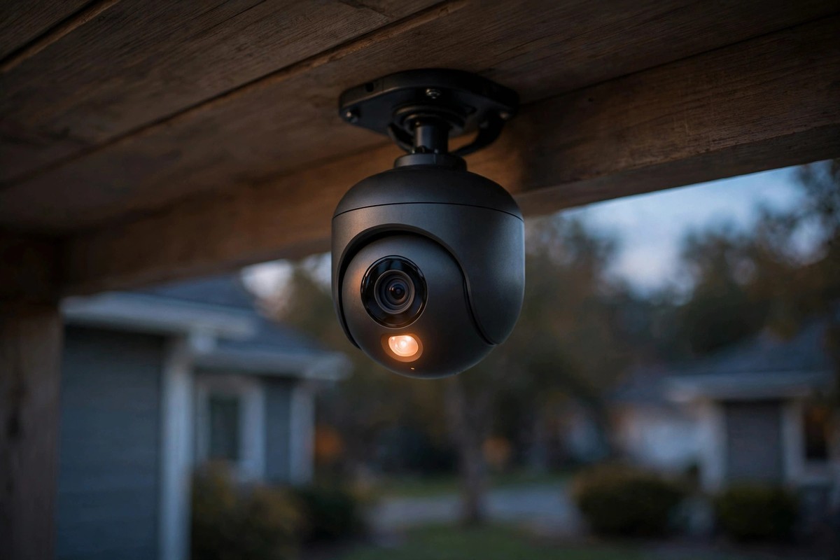Best outdoor security camera without subscription: smart security camera with motion sensor under a suburban porch roof at dusk