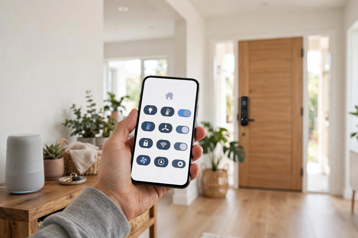 Hand holding a smartphone with a smart home app controlling Thread connected devices