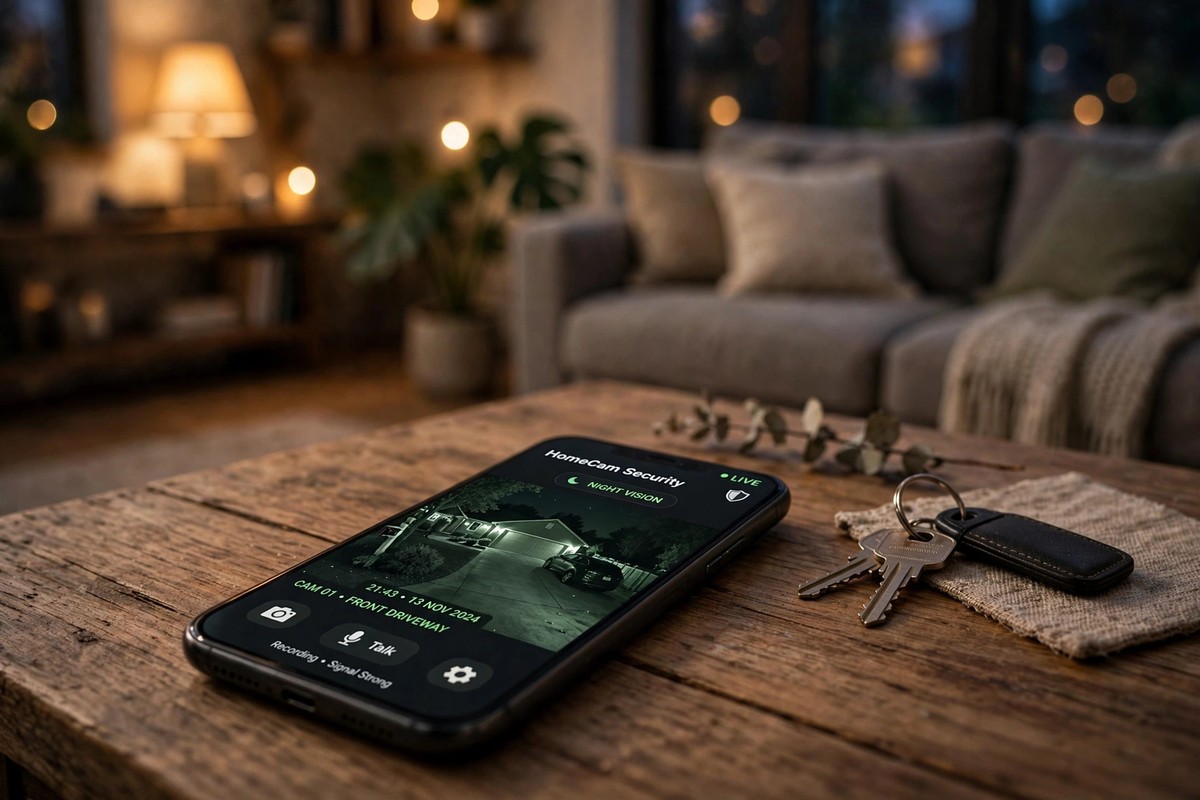 Smartphone on a coffee table showing a home security camera live night feed