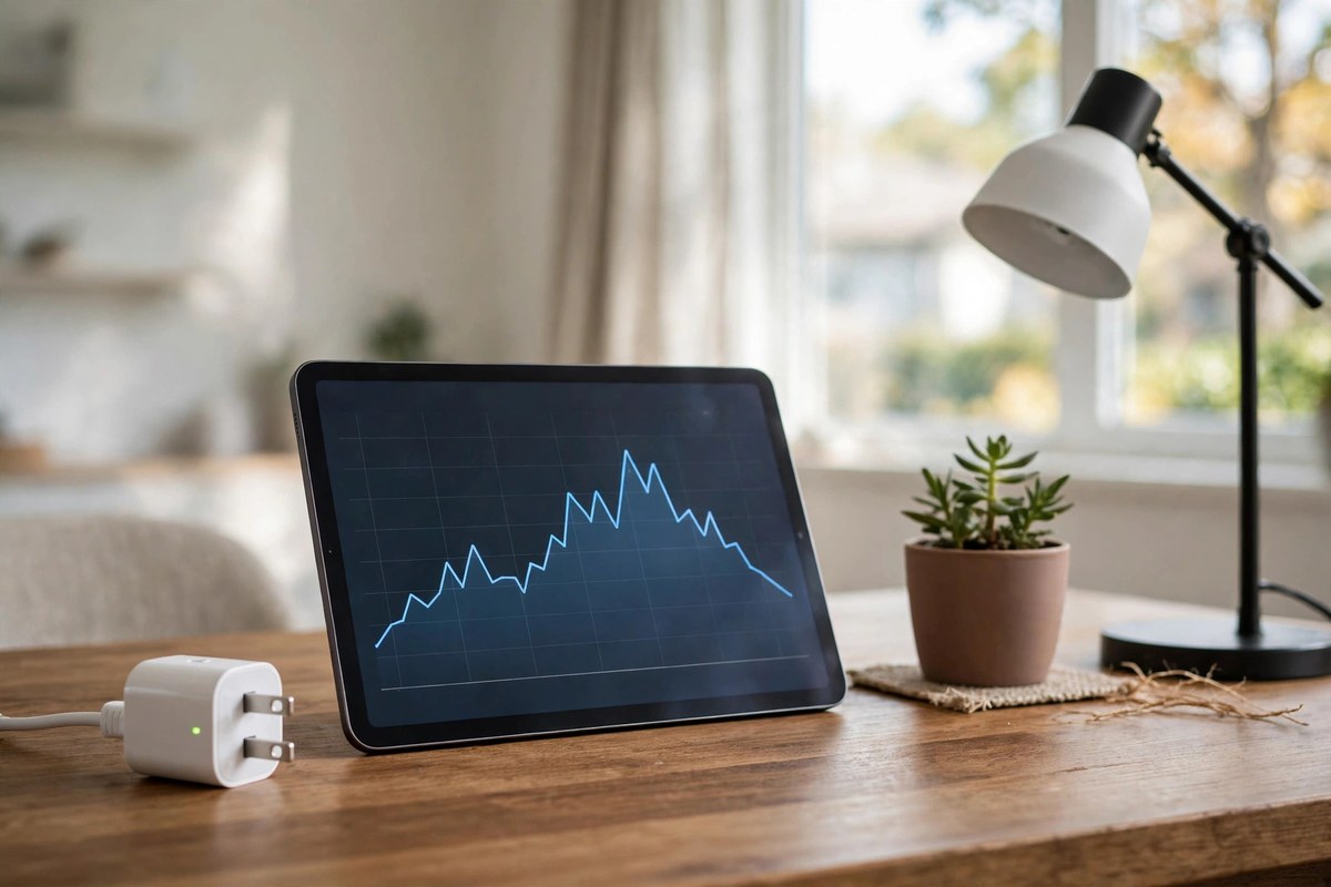 Smart plug on a desk next to a tablet displaying an energy consumption graph in a home office