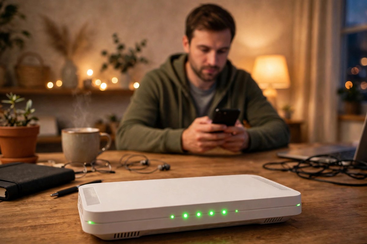 Person reviewing smart home security devices at a desk