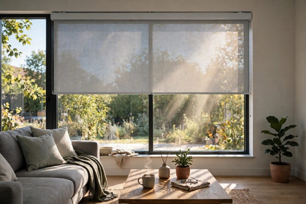 Motorised smart blinds half-closed on a sunny window keeping a living room cool