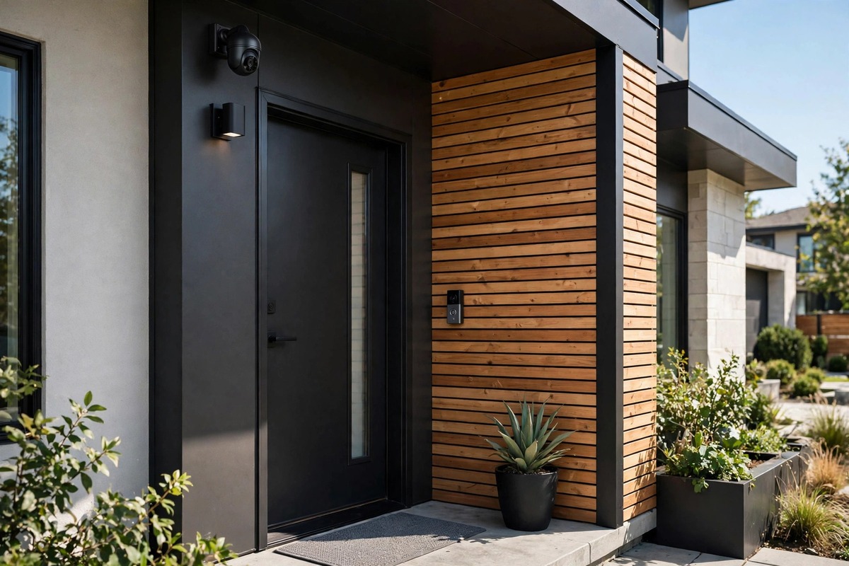 Smart security camera and video doorbell mounted at the front door of a house